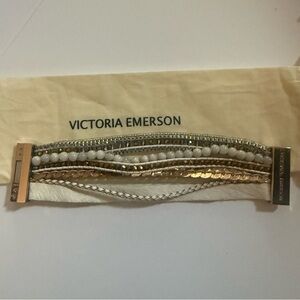 Victoria Emerson Boho Multi Layered Cuff Gold Tone White Leather Magnetic Clasp